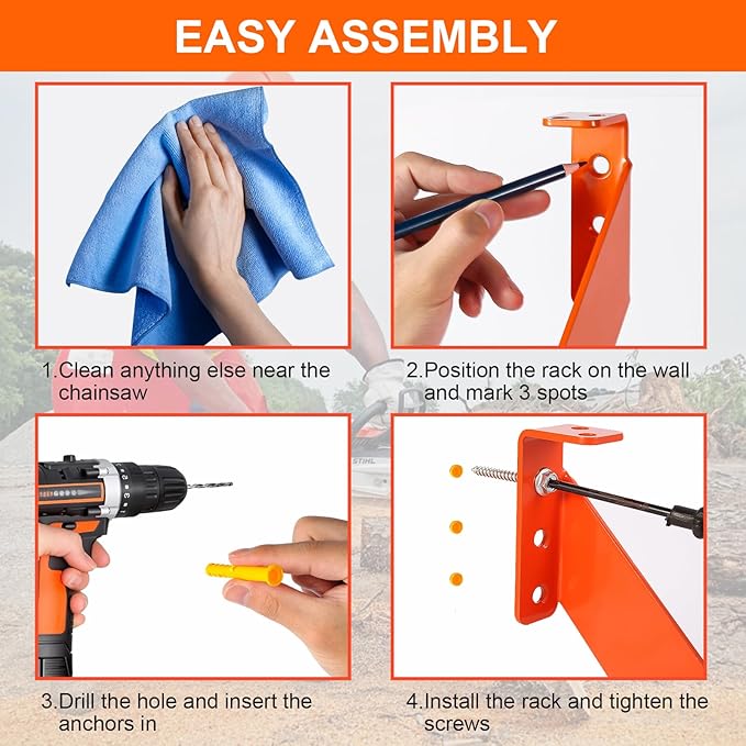 3 in 1 Chainsaw Holder 10" - Heavy Duty Chainsaw Wall Mount, 10 Gauge Steel Chain Saw Hanger for Garage Organization, Hefty Rack Storage Organizer for Chainsaw Accessories and Tools, 180lbs Capacity