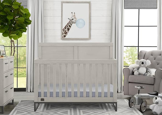 Simmons Kids Foundry 6-in-1 Convertible Baby Crib, Rustic Mist with Matte Black + Quiet Nights Breathable Crib Mattress with Removable/Machine Washable Cover (Bundle)