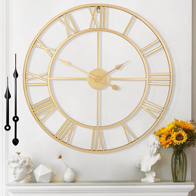 Large Wall Clock for Living Room Decor - 60cm/ 24 Inches Silent Non-Ticking Metal Wall Clocks Battery Operated, Vintage Decorative Modern Wall Clock for Bedroom, Office, Farmhouse Decor