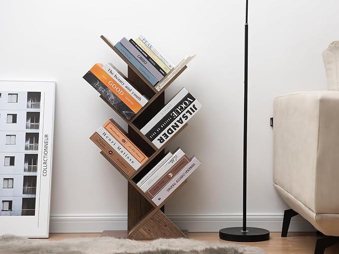 Labcosi 5 Tier Tree Bookshelf, Floor Standing Wood Tree Bookcase, Book Storage Rack for Books/CDs, Book Organizer Shelves for Home Office, Bedroom, Living Room
