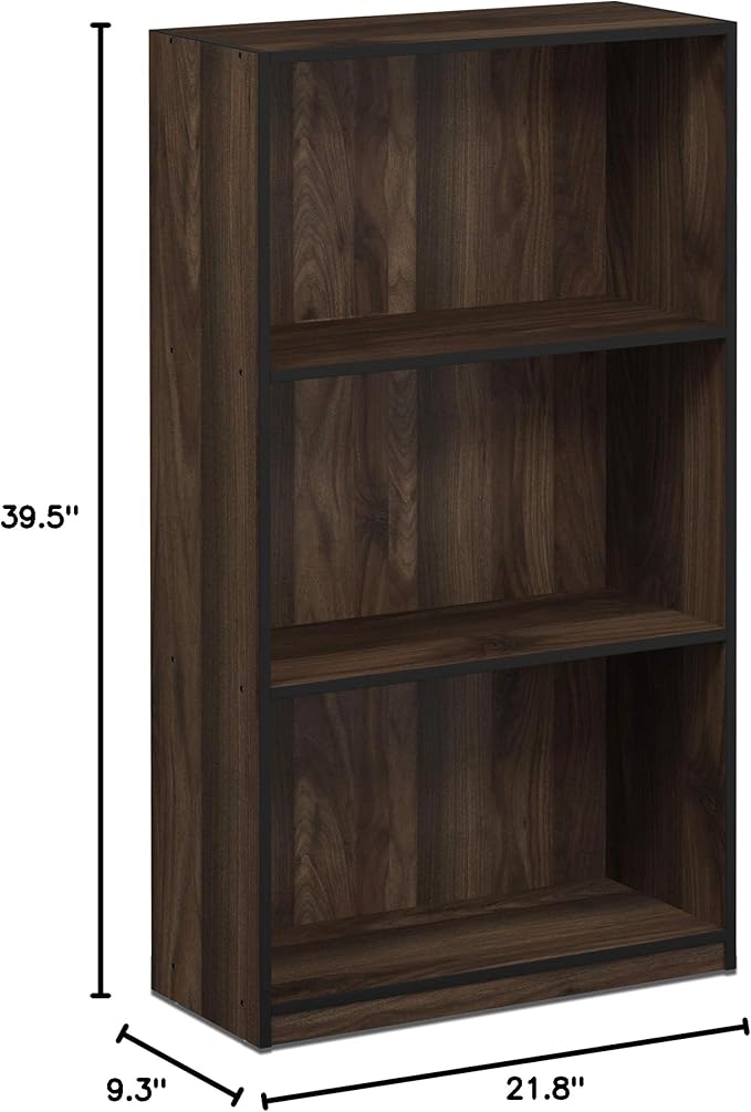 FURINNO Basic 3-Tier Bookcase Storage Shelves, Columbia Walnut