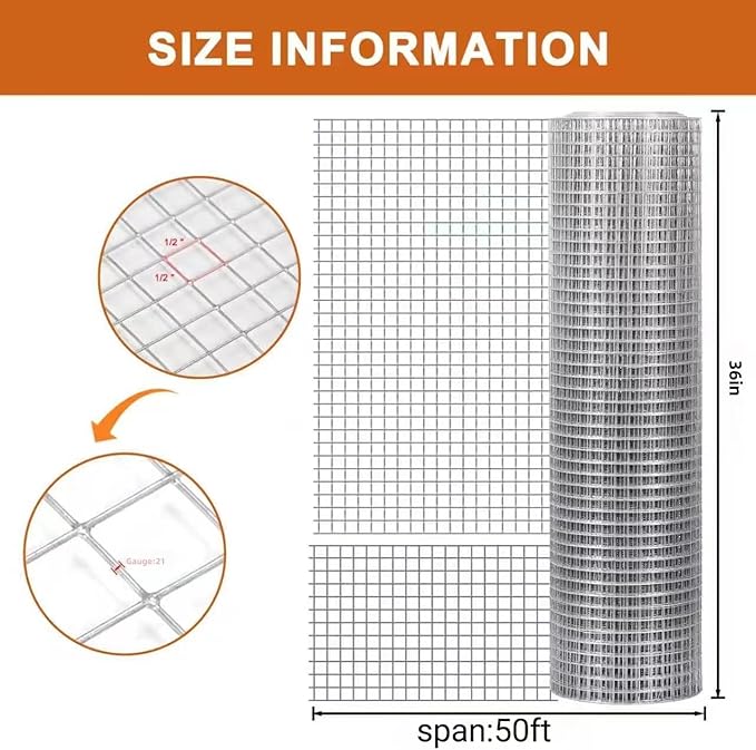 Hardware Cloth, 1/2 inch 36inx50ft 21GA Hot-dip Galvanized Wire Mesh, Wire Fence, Chicken Wire Mesh,Poultry Farming, Garden Fence,Wire Mesh, Tree Protection, Gopher Wire, Rabbit Wire.