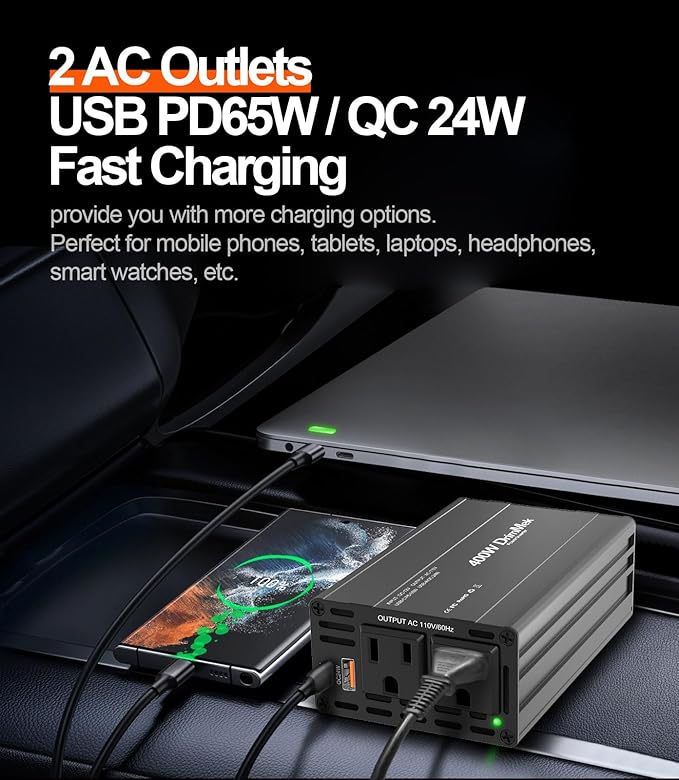 400W Car Power Inverter - Dual DC 12V to 110V AC Car Plug Adapter Outlets, Fast Charging USB C 65W & 24W Port, Power Inverters for Vehicles, Laptop Car Charger, Road Trips