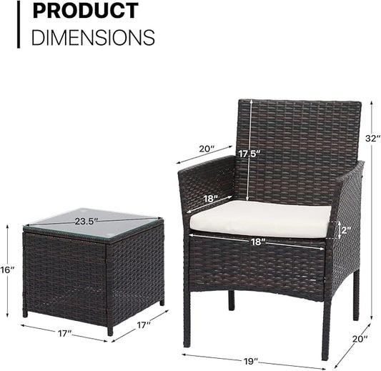 MoNiBloom 3 Pieces Patio Furniture Set, Outdoor Conversation PE Rattan Furniture Front Porch Set with Washable Cushion and Tempered Glass Tabletop for Garden Poolside Balcony, Capacity 250 lbs, Brown