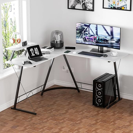 MoNiBloom L Shaped Computer Desk Corner Table with Metal Frame, L Desk Workstation for Home Office, Space-Saving, White