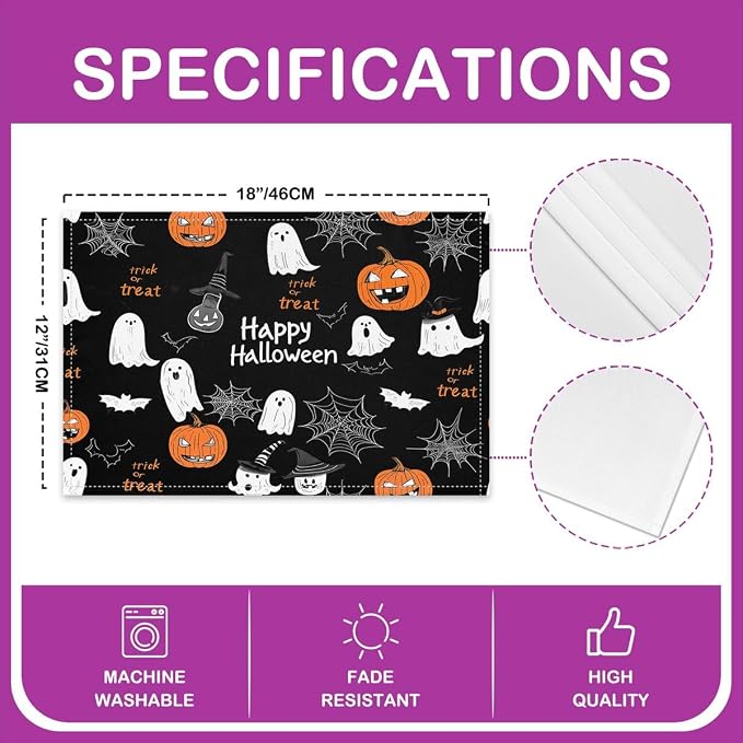 Feelyou Happy Halloween Placemats Set of 4 Ghost Pumpkin Table Mats for Party Kitchen Dining Decoration Holiday Seasonal White Black Orange Place Mat for Dinner Table Indoor Outdoor 18"x12" Cobweb