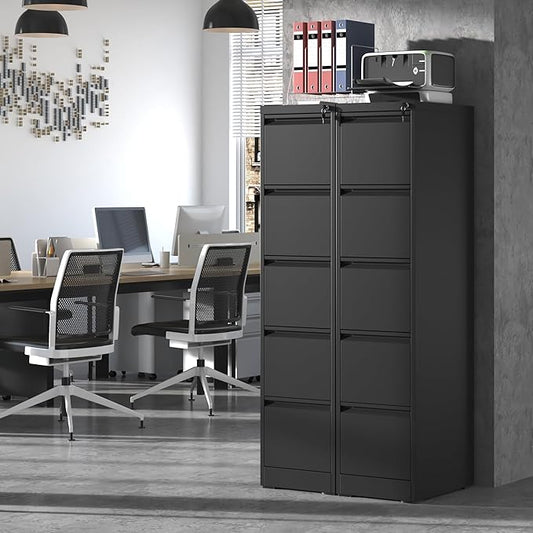 5 Drawer File Cabinet,Metal Filing Cabinets with Lock,Vertical File Cabinet for Home Office,Black Heavy Duty Metal Storage Cabinet for A4/Letter/Legal Size File,Assembly Required
