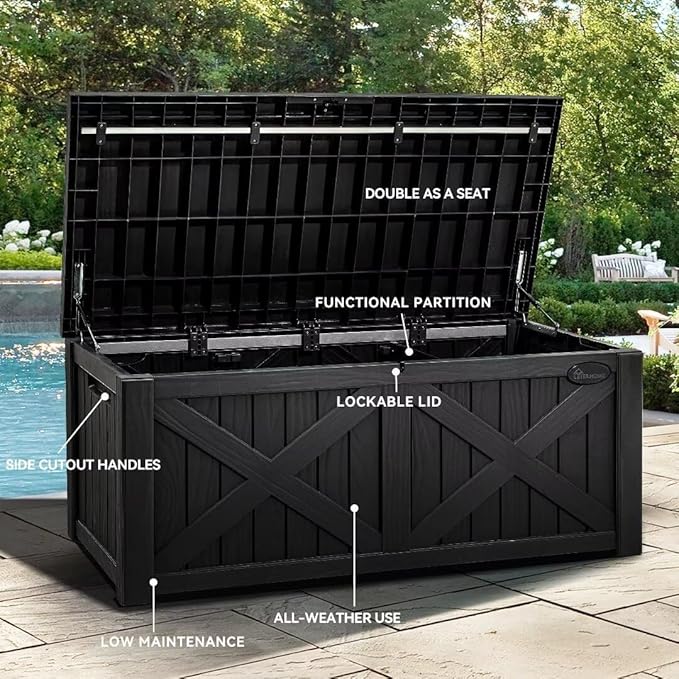 YITAHOME 120 Gallon Large Outdoor Storage Box with X-Shaped Front, Waterproof Resin Deck Box Cushion Storage Bench for Patio, Pool Supplies, Garden Tools - Lockable, Black