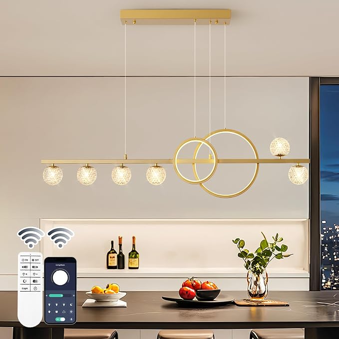 ORANOOR Modern Gold Chandeliers Pendant Light, 47in Dimmable LED Chandelier | Linear Gold Pendant Light for Kitchen Island Dining Room, 6 Globe Hanging Pendant Chandelier Lighting Fixture, 2 Rings 4200lm
