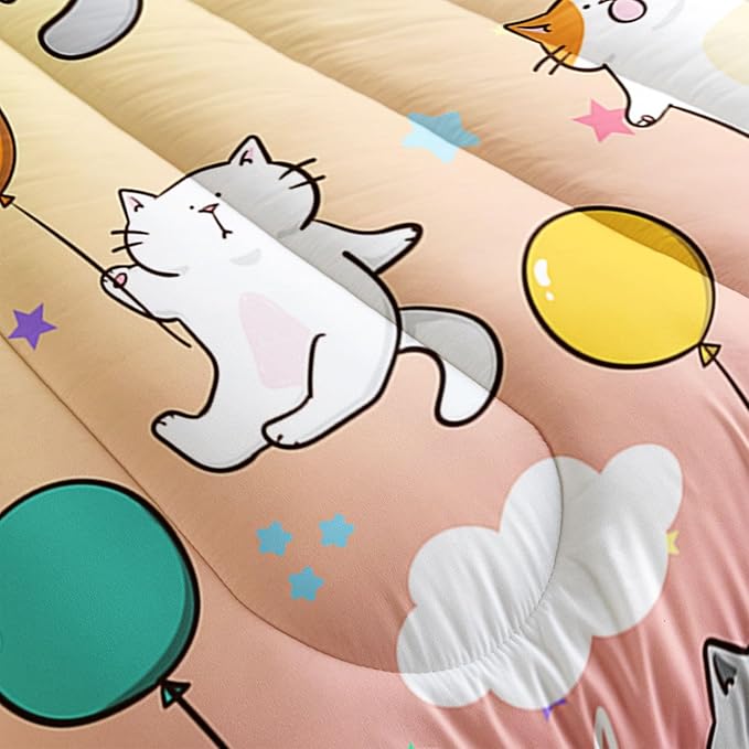 Datura home Kids Comforter Set Cute Cats Printed Pattern Bedding Set with 1 Comforter and 2 Pillowcases for Girls Boys Bedroom All Season(Cat1 Queen)