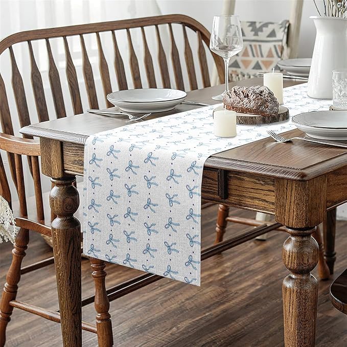 jejeloiu Blue Bowknot Table Runner Bow Tie Kitchen Dining Table Decoration Cute Dots Print Dresser Scarfs Dresser Runners Aesthetic Coquette Table Decoration for Kitchen Dinning 13" x 60"