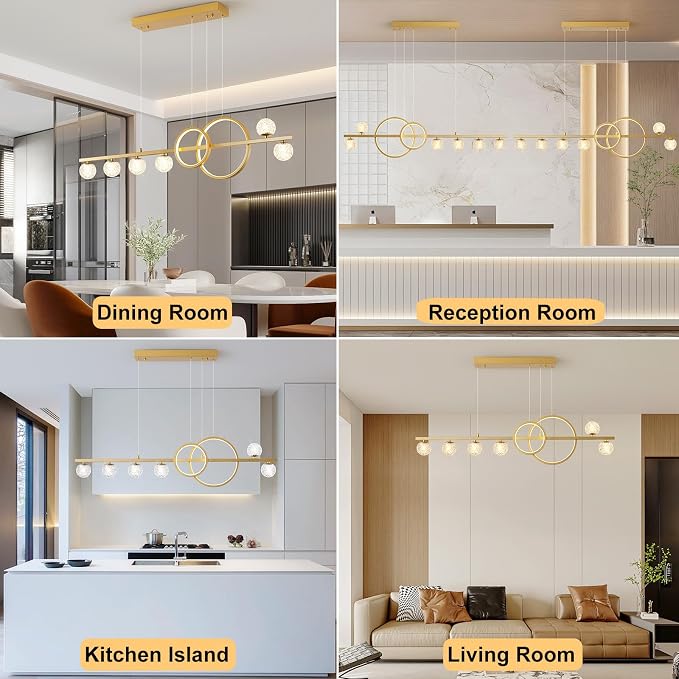 ORANOOR Modern Gold Chandeliers Pendant Light, 47in Dimmable LED Chandelier | Linear Gold Pendant Light for Kitchen Island Dining Room, 6 Globe Hanging Pendant Chandelier Lighting Fixture, 2 Rings 4200lm