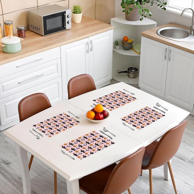 Feelyou Happy Halloween Placemats Set of 4 Cute Ghost Cat Table Mats Pink Orange Green Place Mat for Kitchen Dining Table Party Decor Indoor Outdoor 18"x12" Non-Slip Easy to Clean Pumpkin Lantern Bats