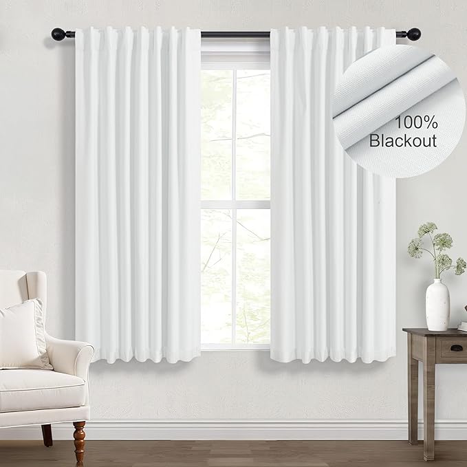White Black Out Curtains 54 Inch Long 2 Panel Elegant Short Summer Curtains for Living Room Thermal Insulated Cotton Linen Blackout Drapes for 52-56 Inch Bay Window Country Chic Back Tab 52x54 Length