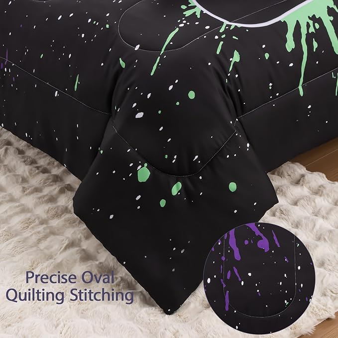 8Pcs Gamer Comforter Set with Sheets for Boys Girls Kids Teens, Colorful Graffiti Gaming Themed Bed in A Bag Queen Size, Black 3D Video Game Controller Bedroom Decor Bedding Set-Black