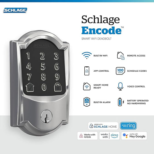 Schlage Encode Smart WiFi Deadbolt with Camelot Trim In Bright Chrome