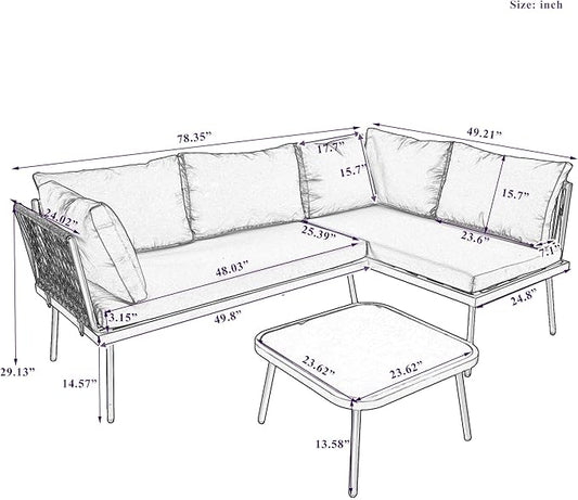 3-Piece Outdoor Furniture Set Rattan Sectional Sofa with Glass Table and Removable Cushions, All Weather PE Patio L-Shaped Couch Metal Frame, for Backyard, Poolside, Garden, Onesize, Gray