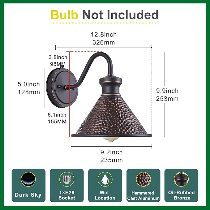 2 Pack Dusk to Dawn Outdoor Wall Light Fixtures Photocell Sensor, Exterior Sconce Light with Cast Hammered Aluminum Shade, Outside Wall Mount Lamp for House Patio Garage Entryway Doorway