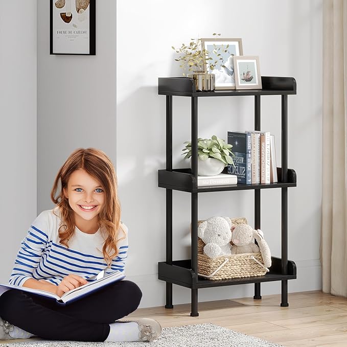 Bookshelf Small Book Shelf - 3-Tier Wood Bookcase Industrial Bookshelf with Edge Protection Metal Standing Book Shelves Display Book Rack for Living Room Bedroom Home Office (Black)