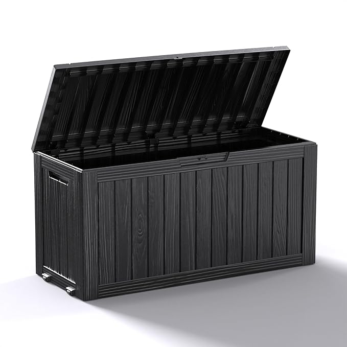 ROJIK Outdoor Storage Box with Wheels,75 Gallon Waterproof Resin Deck Box, Lockable Storage for Patio Cushions,Garden Tools,Pool Accessories,UV-Resistant Storage Bench for Backyard & Deck(Black)