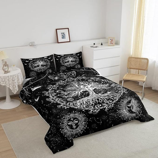 Feelyou Sun and Moon Comforter Bohemian Tree Butterfly Style Bedding Set Psychedelic Hippie Comforter Set for Boys Girls Children Teens Bedroom Decor Galaxy Astrology Duvet Set Full Size