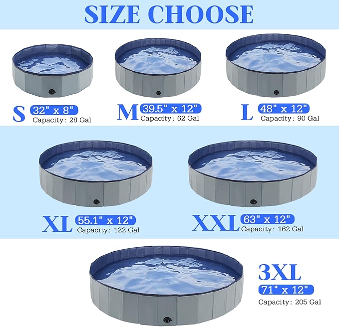 Foldable Dog Pool, Portable Pet Bath Tub and Kiddie Swimming Pool, Collapsible Bathtub for Puppies, Small, Medium and Large Dogs, Cats and Kids, 32 x 8 in, Gray