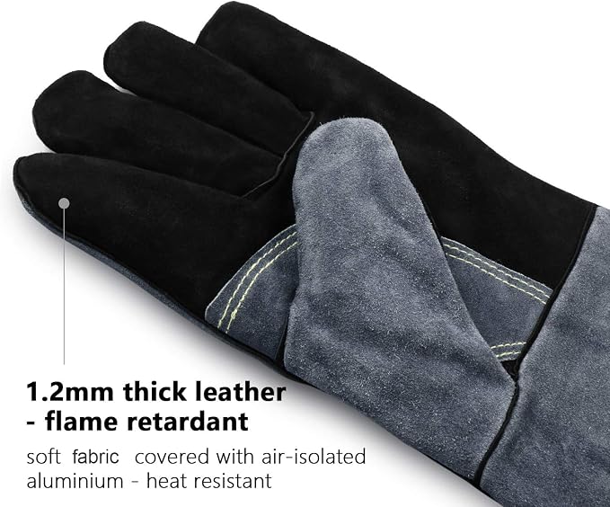 OZERO Welding Gloves: 932°F Heat Resistant Gloves, Black-Gray, 14 Inch | 1.2 mm Split Cowhide, Reinforced Palm, Long Cuff, for MIG TIG Stick Forge BBQ Grill Fireplace Fire Pit Wood Stove Oven