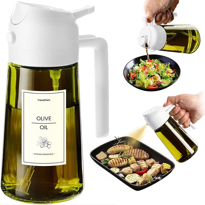 TrendPlain - Original 16oz/470ml Olive Oil Dispenser Bottle for Kitchen Gadgets and Air Fryer Accessories - Olive Oil Sprayer for Cooking w/Stickers - White