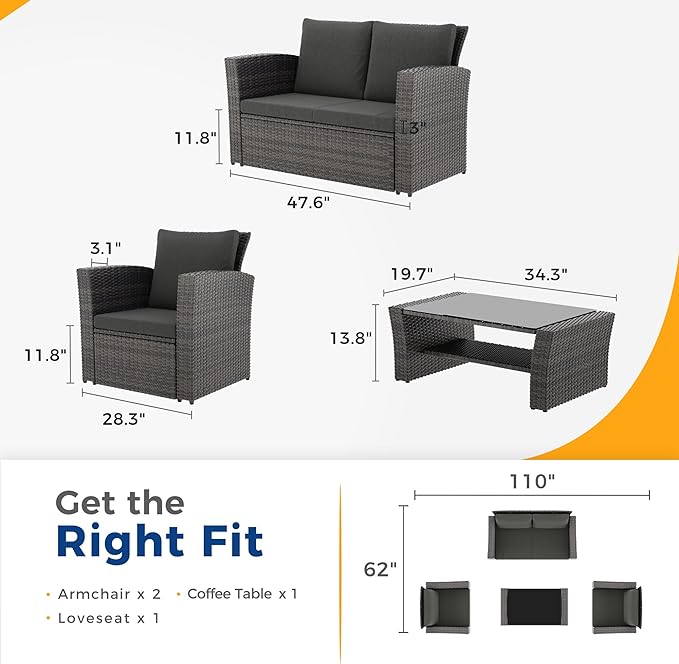 Wisteria Lane 4 Piece Outdoor Patio Furniture Sets, Wicker Conversation Set for Porch Deck, Grey Rattan Sofa Chair with Cushion (Dark Grey