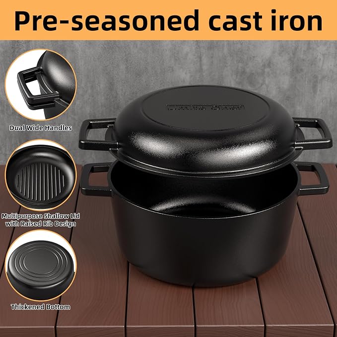 Cast Iron Dutch Oven Pot with Skillet Lid – Pre-Seasoned – Skillet Lid Cooking Pan– PFAS-Free –Umite Chef Cast Iron Skillet Cookware for Bread, Frying, Baking – Dual Handles – Oven, Grill, Campfire & Stovetop Safe – Durable & Non-Toxic, 5QT