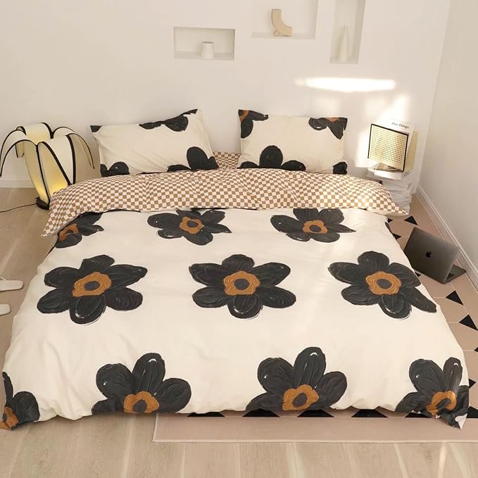 Black and White Comforter Set Black Floral Bedding Cal King Comforter Set Black Flowers Cotton Women Modern Elegant Chic Quilts Blankets Lightweight Black Flower Reversible Bed Comforter Set