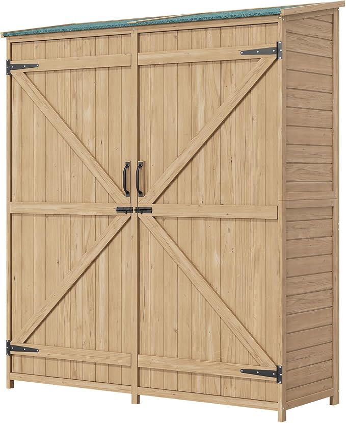 Outdoor Wooden Large Storage Cabinet Garden Shed Outside Wood Tool Organizer with Waterproof Roof Shelves 2 Doors & Adjustable Shelving for Garden Yard Organization