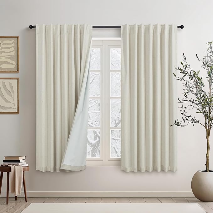 54 Inch Curtains Sunblock Curtains for Bedroom 2 Panel Set Flax Linen Short Blackout Insulated Thermal Opaque Curtain for Summer Heat Kitchen 4.5 ft Drapes for 50 Inch Small Window 52x54 Length Beige