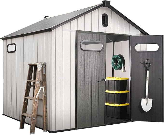 EconoHome 8x8 Ft Outdoor Storage Shed with Floor - Waterproof Shed with Lockable Door for Garden - Backyard, Tool Storage Use - Grey