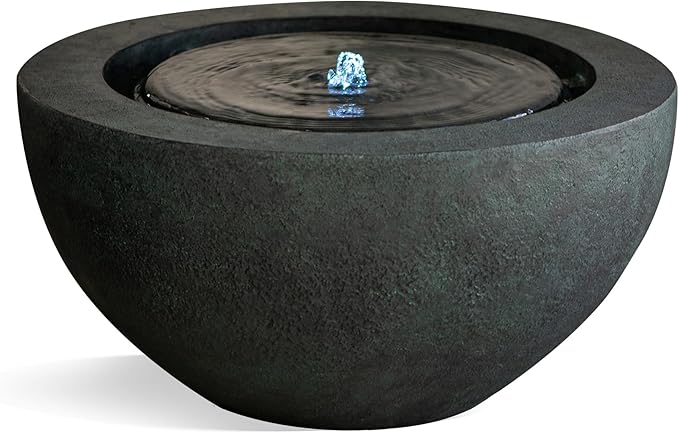 Xbrand 19.8" W Round Polyresin Indoor/Outdoor Sphere Water Feature w/LED Light, Garden Patio Fountain Decor, Dark Green, ALLS3542-2