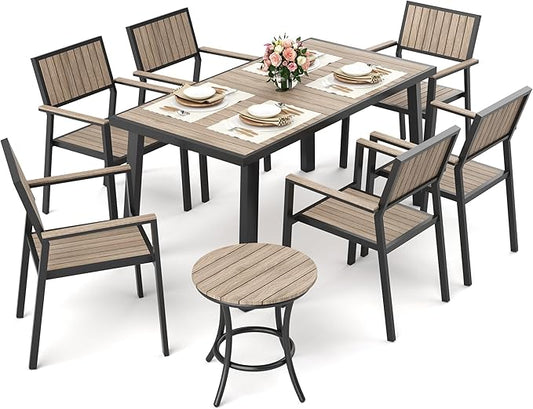 Pamapic 8-Piece Patio Dining Set,Outdoor Aluminum Furniture Set with Plastic-Wood Table Top,Outdoor Furniture Set with 6 Outdoor Stackable Chairs for Patio Garden Poolside (Black)