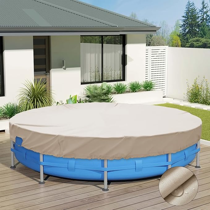 ECOOPTS Waterproof Round Polyester Pool Cover for Above Ground Pools, Swimming Pool Cover Protector Winter Safety Cover (10 ft, Beige)
