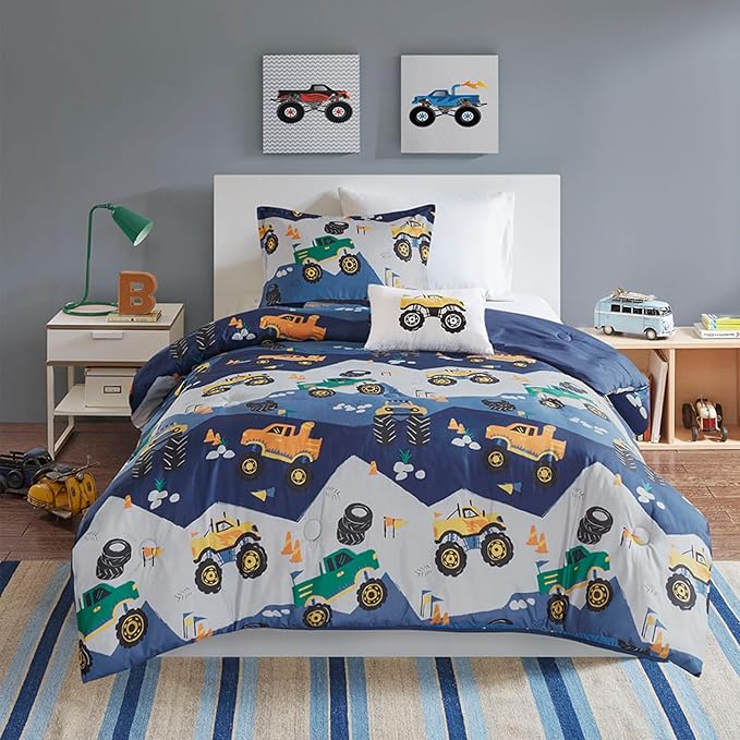 Mi Zone Kids Queen Comforter Set for Boys 4 Piece Monster Truck Comforter Set, Queen Bedding Set, Teen Microfiber Bed Set, Matching Shams, Embroidered Truck Throw Pillow, Full/Queen, Blue