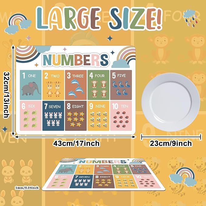 Educational Preschool Kids Placemats Set of 6 Boho Plastic Table Mats Toddler Children Montessori Place Mats for Kids Washable Holiday Desk Decoration for Indoor Outdoor Party Kitchen Dining Table
