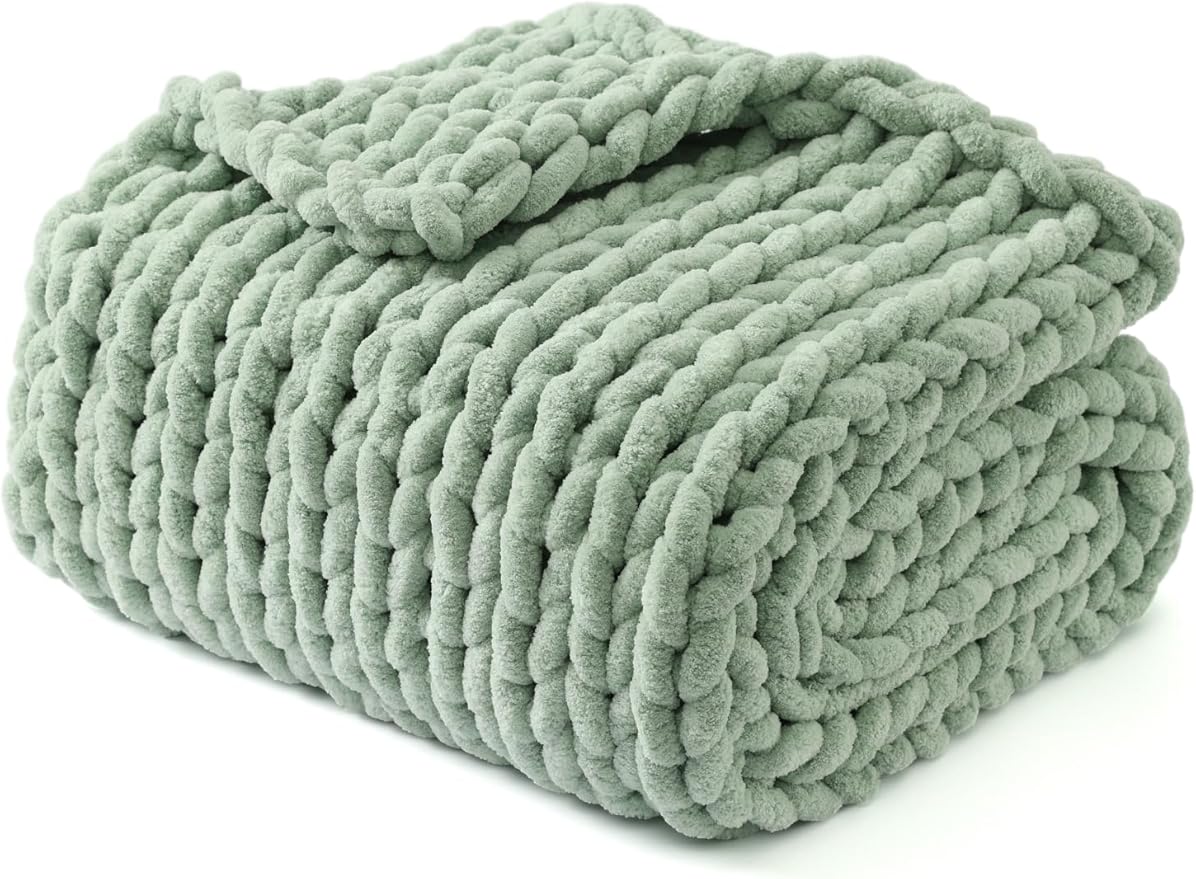 YnM Chunky Throw Blanket, Medium-Weight, Hand Knitted with Chenille Yarn, Skin Friendly, Ventilated and Breathable, Machine Washable, Home Décor Piece for Couch, Sofa and Bed (Sage Green, 30x40 Inch)