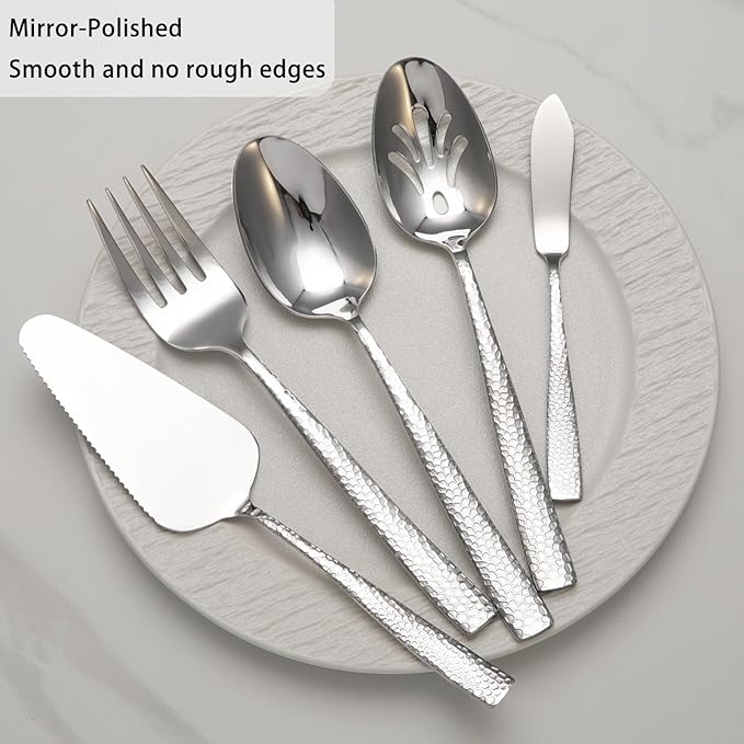 Large Hostess Serving Utensils Set, Stainless Steel Heavy Duty Hammered Serving spoons, Slotted Spoons, Serving Fork, Cake Server, Butter Knife, Dishwasher Safe(Silver)