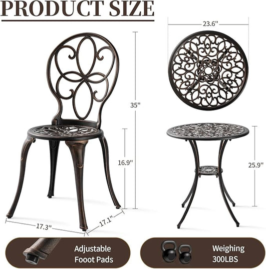 Patio Bistro Sets 3 Piece, Outdoor Bistro Table and Chairs Set of 2 with Umbrella Hole, Cast Aluminum Bistro Set, Patio Furniture for Yard Garden Porch, Bronze