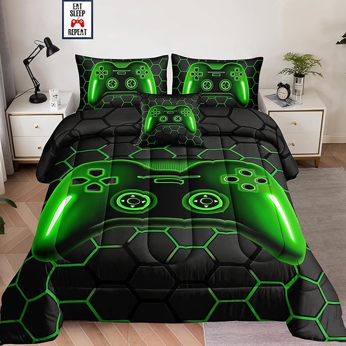 5 Pieces Bed in a Bag for Boys Bedding Sets Twin Size,Gamer Comforter Sets for Boys Kids, Gaming Comforter Set for Boys Room Decor with Flat Sheet,Fitted Sheet,Pillowcase,Cushion Cover