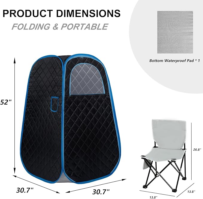 Foldable Portable Steam Sauna, Personal Sauna Tent for Home SPA with 1000w 2.2L Steamer, Folding Chair, Remote Control, Black