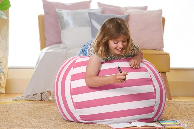 Aubliss Stuffed Animal Bean Bag Storage Chair, Beanbag Covers Only for Organizing Plush Toys, Turns into Bean Bag Seat for Kids When Filled, Large 38"-Canvas Stripes Pink/White
