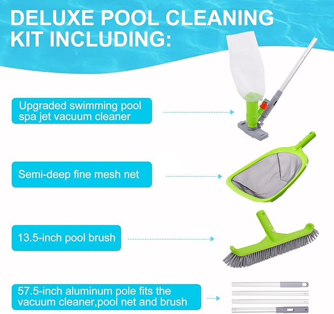 Sepetrel Deluxe Swimming Pool Cleaning Kit with Spa Jet Vacuum Cleaner,Brush, Semi-deep Skimmer Net & Adjustable 57.5-inch Pole,Ideal for Cleaning Above Ground,Inflatable Pools