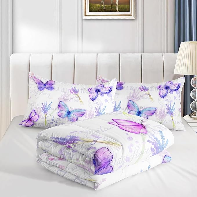 Purple Butterfly Comforter Set Full Size for Girls Kids Adults Lavender Flowers Pattern Bedding Set Aesthetics Butterflies Quilt Bed Set with 1 Comforter and 2 Pillowcases