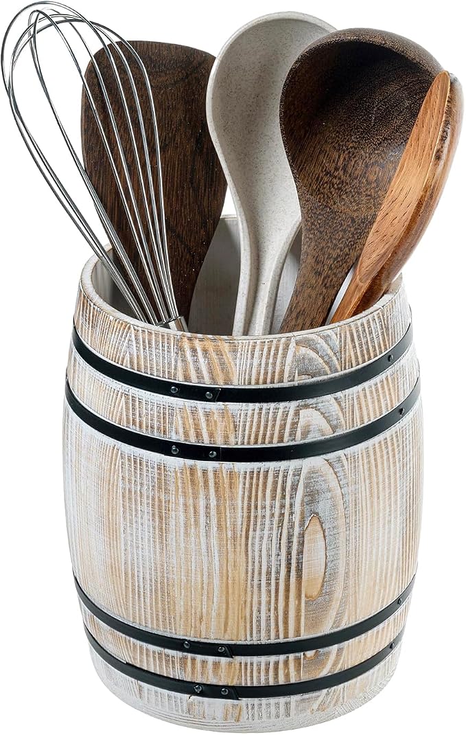 MyGift Whitewashed Wood Wine Barrel Kitchen Utensil Holder Crock | Vintage wine barrel design adds rustic charm while keeping cooking utensils organized and accessible on kitchen counters