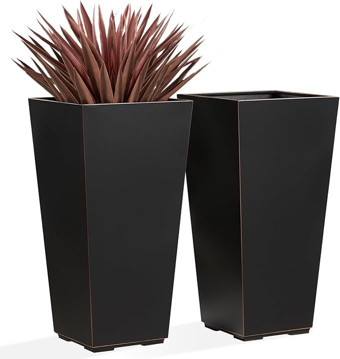 Metallic Taper Planter, 26 Inch Tall Tapered Planter for Front Porch, Patio, Deck, Garden Indoor/Outdoor Tree Planters, Set of 2 Black with Copper Hand Brushed Rim
