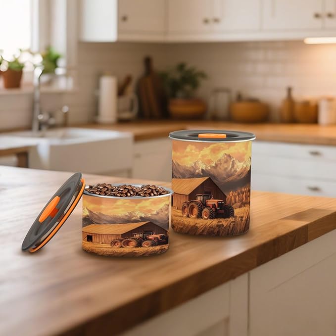 Coffee Canister Vintage Farm Pattern Airtight Stainless Steel Coffee Container, 30 OZ Food Storage Container for Coffee Beans, Ground, Sugar, Tea, Flour, Rice